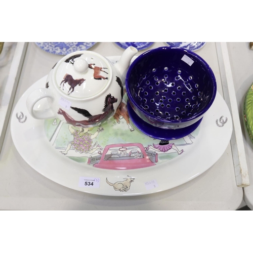 534 - Wallaby Hill platter, Roy Kirkman teapot, blue glazed strainer (3)