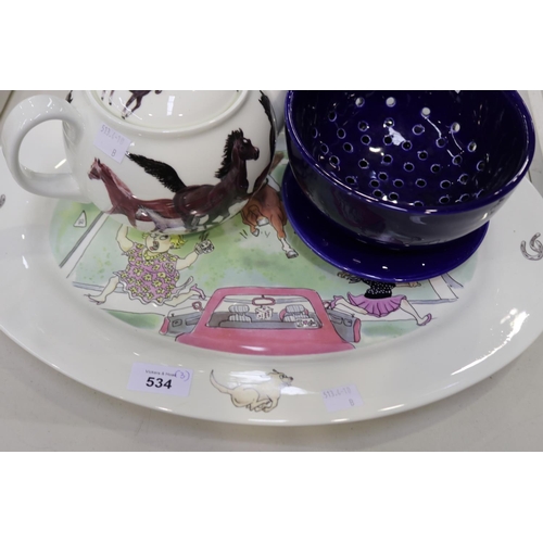 534 - Wallaby Hill platter, Roy Kirkman teapot, blue glazed strainer (3)