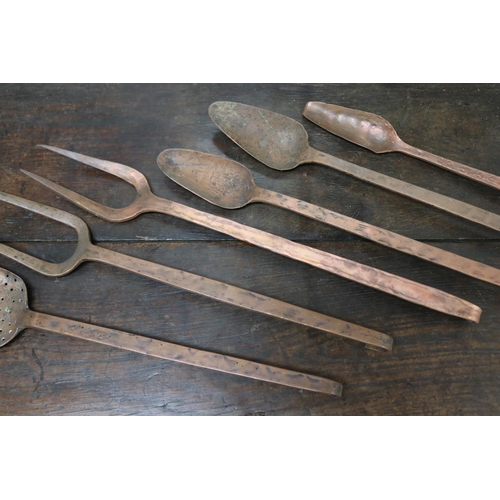 236 - Good lot of French copper utensils, approx 66cm L and shorter.