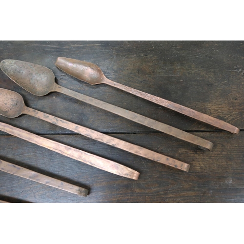 236 - Good lot of French copper utensils, approx 66cm L and shorter.