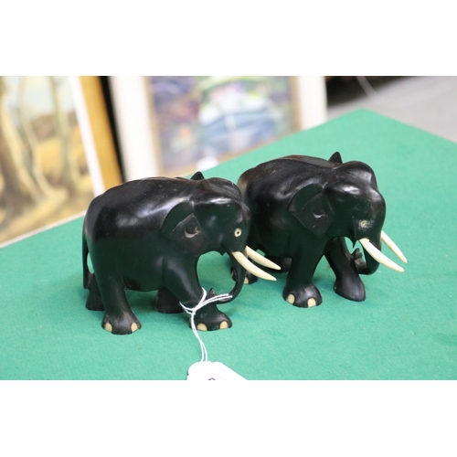 502 - Pair of ebony elephants with bone tusks (2), approx each 10cm H x 14cm W