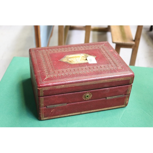 524 - Red and gilt leather writing slope box, approx 15cm H x 32cm W x 24cm D