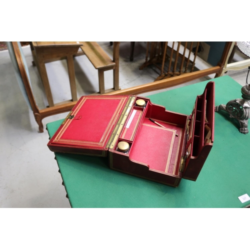 524 - Red and gilt leather writing slope box, approx 15cm H x 32cm W x 24cm D