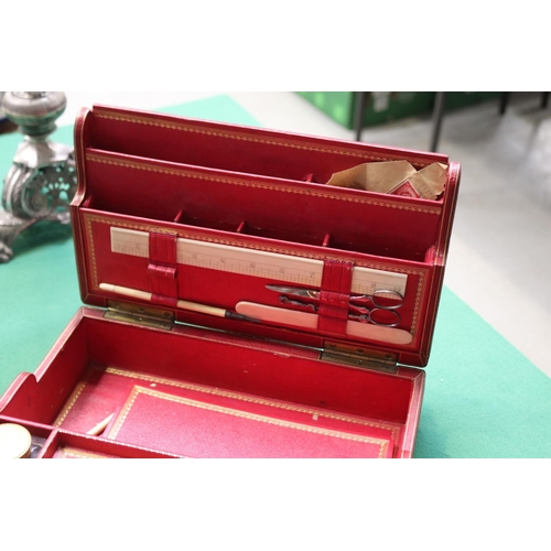 524 - Red and gilt leather writing slope box, approx 15cm H x 32cm W x 24cm D