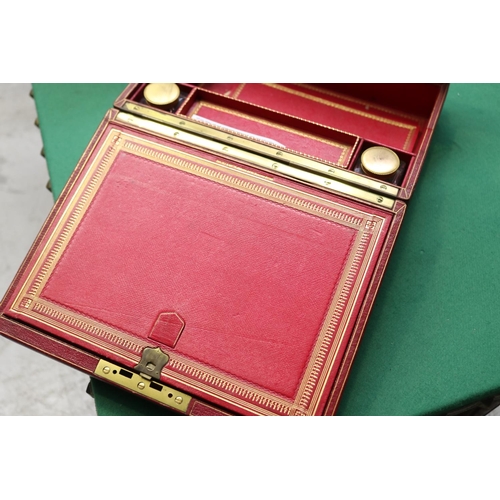 524 - Red and gilt leather writing slope box, approx 15cm H x 32cm W x 24cm D