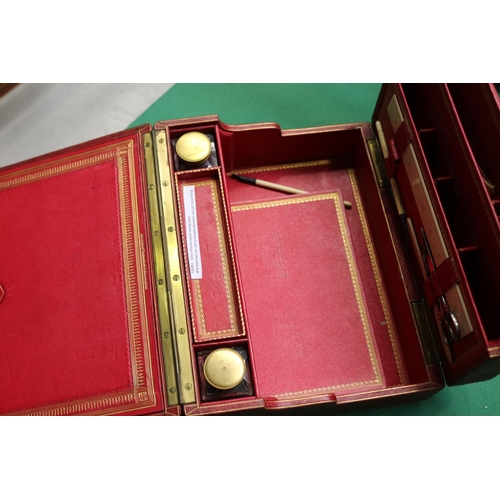 524 - Red and gilt leather writing slope box, approx 15cm H x 32cm W x 24cm D