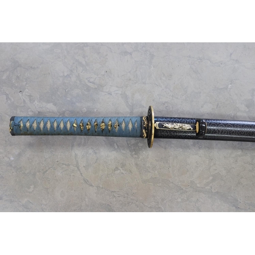 85 - Japanese long sword (Katana): g. cond, 64.3cm shallow curved blade, tang 20.2cm, old polish, clearly... 