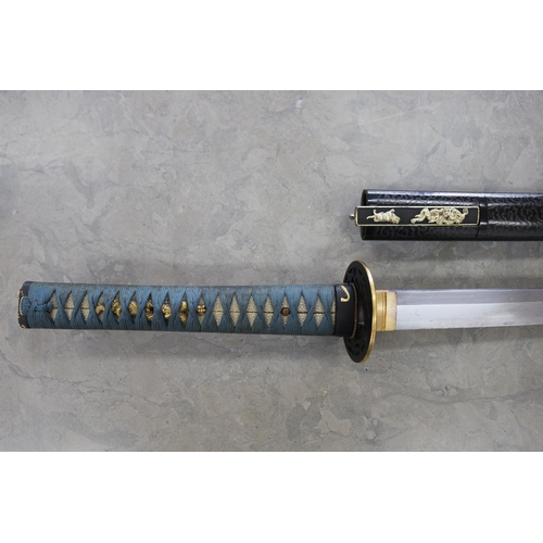 85 - Japanese long sword (Katana): g. cond, 64.3cm shallow curved blade, tang 20.2cm, old polish, clearly... 