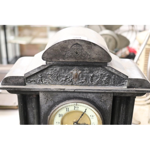 569 - Antique black slate mantle clock, with brass scroll presentation plaque, has key, no pendulum, unkno... 