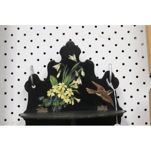 670 - Papier mache hand painted floral and sparrow decoration, with fold-up ledge, approx 26cm H x 20cm W