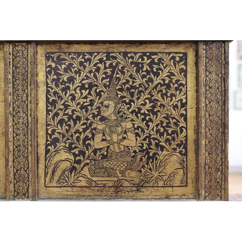8 - Antique South East Asian hand painted gilt teak temple stand, approx 33cm H x 78cm W x 29cm D