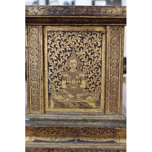 8 - Antique South East Asian hand painted gilt teak temple stand, approx 33cm H x 78cm W x 29cm D