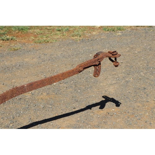12 - Antique iron single furrow horse drawn plough, approx 225cm L