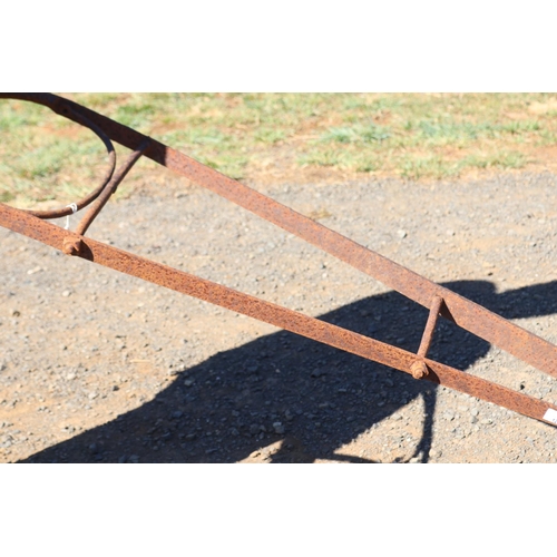 12 - Antique iron single furrow horse drawn plough, approx 225cm L