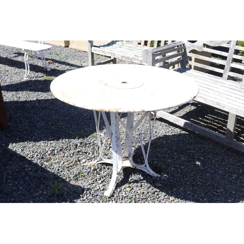 138 - Antique French metal circular garden table with flat bar support base, approx 71cm H x 100cm Dia