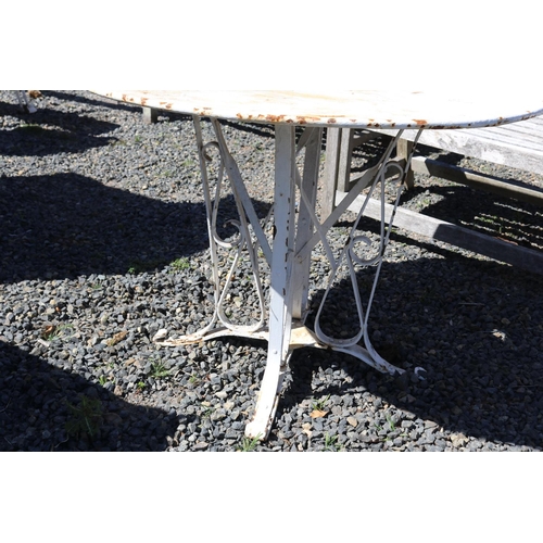 138 - Antique French metal circular garden table with flat bar support base, approx 71cm H x 100cm Dia