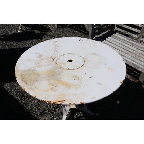 138 - Antique French metal circular garden table with flat bar support base, approx 71cm H x 100cm Dia