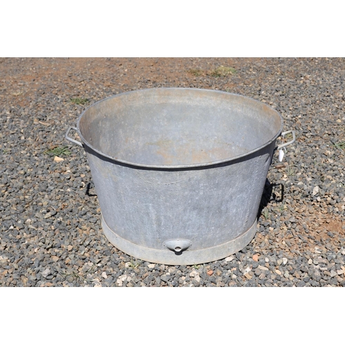 158 - Large French gal metal twin handled tub, approx 85cm handle to handle & 47 cm high, has a cork bung ... 