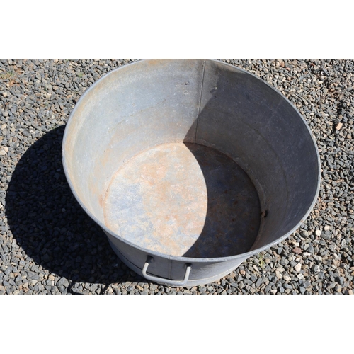 158 - Large French gal metal twin handled tub, approx 85cm handle to handle & 47 cm high, has a cork bung ... 