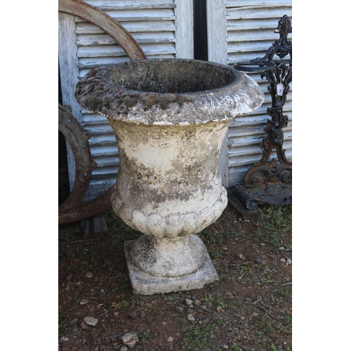 23 - Pair of large antique French stone garden urns, on square bases. Old moss attached, approx 64cm H x ... 