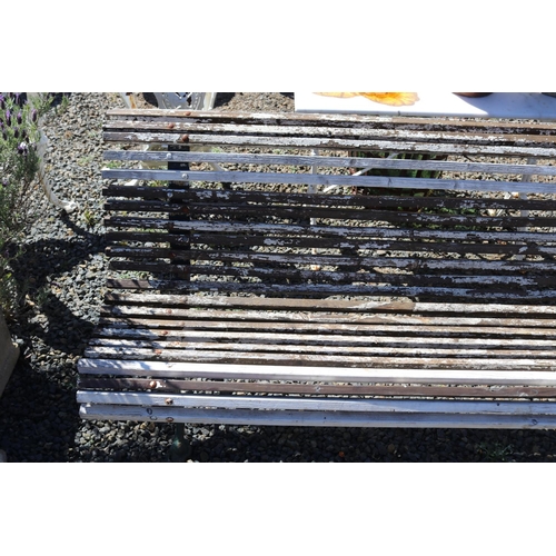 29 - Old French wooden slat iron based garden bench, approx 164cm W