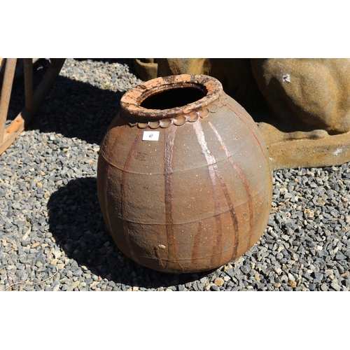 47 - Large antique 19th century French glazed terracotta storage or preserve pot of ball form, with thumb... 