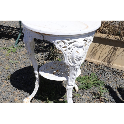 50 - Antique English cast iron pub table with later marble top, approx 72cm H x 53cm Dia