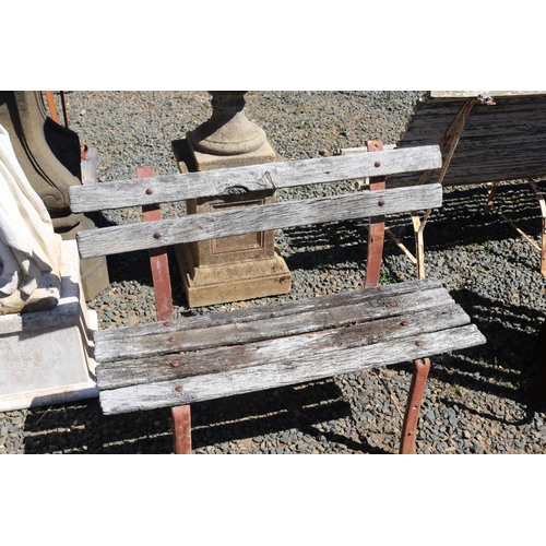 51 - Antique French rustic iron flat bar wooden slat garden bench, approx 100cm W
