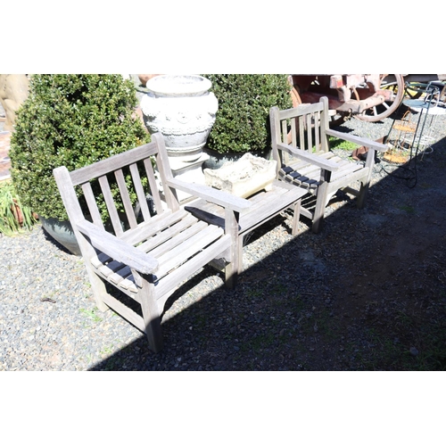 146 - Pair of Generous size aged teak arm chairs and small end table, table approx 47cm D x 76.5cm W x 35c... 