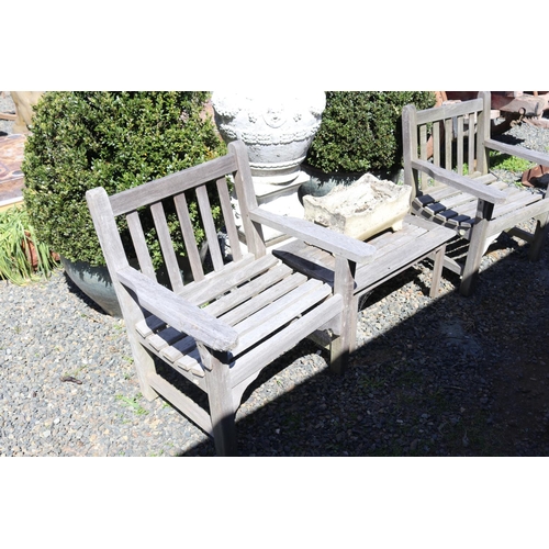 146 - Pair of Generous size aged teak arm chairs and small end table, table approx 47cm D x 76.5cm W x 35c... 