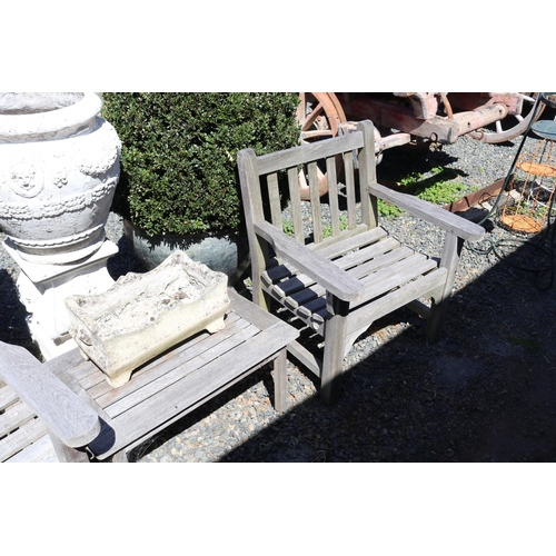 146 - Pair of Generous size aged teak arm chairs and small end table, table approx 47cm D x 76.5cm W x 35c... 