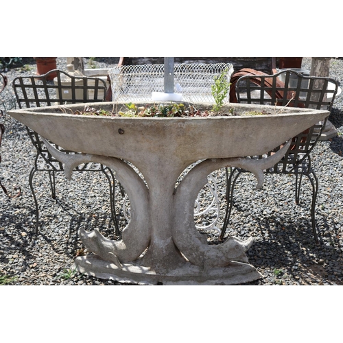 147 - Unusual French Art Deco Period boat shaped dolphin support planter, approx 143cm W x 85cm H