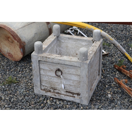 191 - Large French concrete planter cast in relief faux wood, with ring handles, approx 47cm Sq