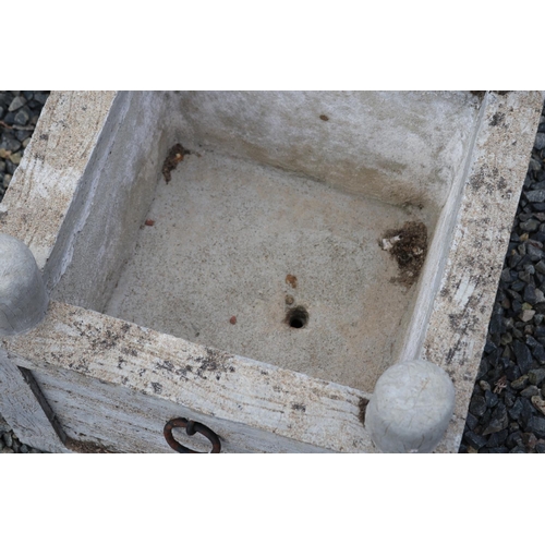 191 - Large French concrete planter cast in relief faux wood, with ring handles, approx 47cm Sq