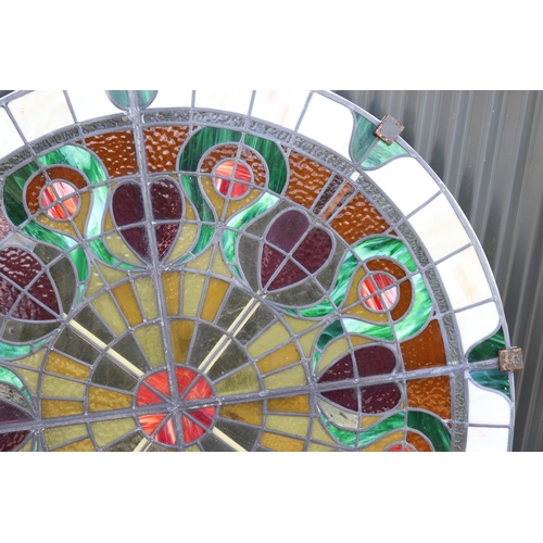 74 - Large circular leadlight panel, with metal support frame, approx 150cm Dia