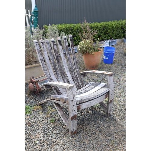 137 - Unusual French oak wine barrel stave constructed garden arm chair