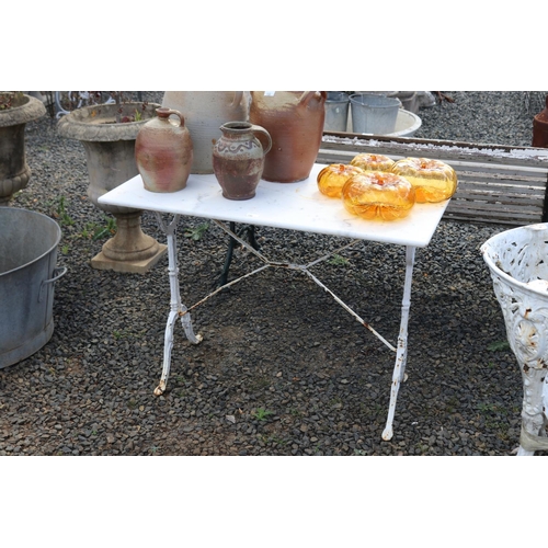140 - French marble top & painted wrought iron bistro table, approx 71cm H x 99cm W x 60cm D