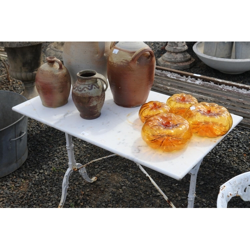 140 - French marble top & painted wrought iron bistro table, approx 71cm H x 99cm W x 60cm D