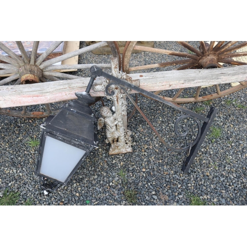 155 - French black painted metal street light and wall bracket, approx 118m L