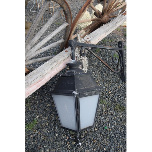 155 - French black painted metal street light and wall bracket, approx 118m L
