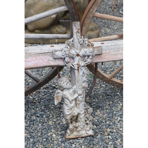 181 - Small Antique French cast iron cross, winged angel, approx 76cm H