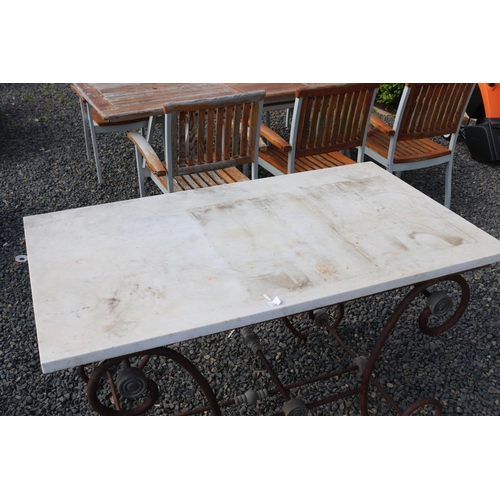 196 - Antique French scrolling iron & marble topped butchers table, approx 130cm L x 75cm D x 76cm H