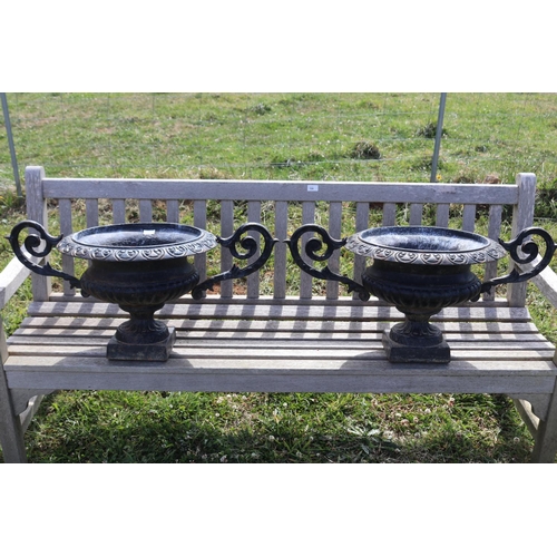 199 - Pair of large cast iron twin handled garden urns, approx 85cm W handle to handle  (2)