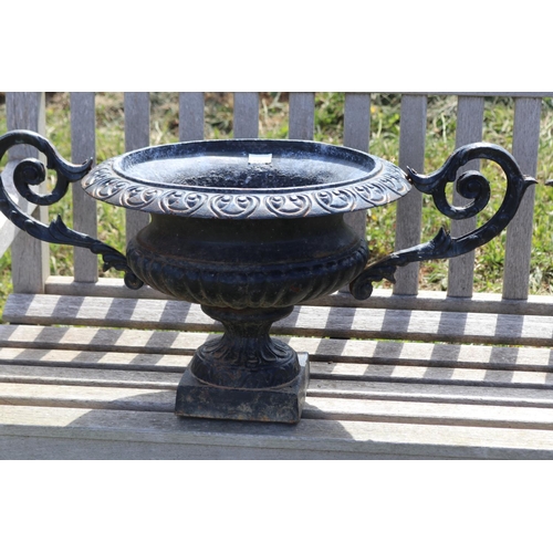 199 - Pair of large cast iron twin handled garden urns, approx 85cm W handle to handle  (2)