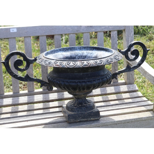 199 - Pair of large cast iron twin handled garden urns, approx 85cm W handle to handle  (2)