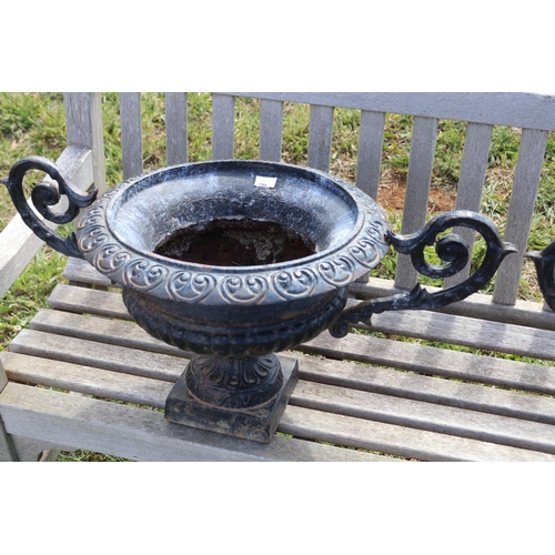 199 - Pair of large cast iron twin handled garden urns, approx 85cm W handle to handle  (2)