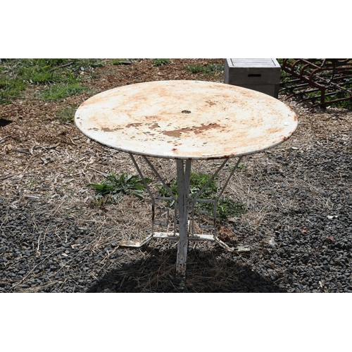 207 - Antique French circular iron garden table, with flat bar Art Deco inspired base, approx 98cm Dia x 7... 