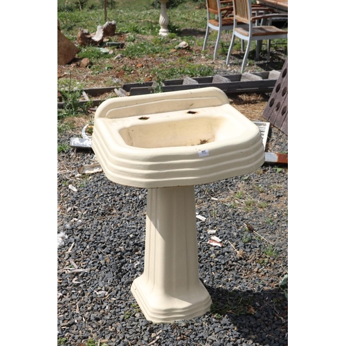 208 - Art Deco cream enamel iron pedestal sink, approx 86cm H x 61cm W x 50cm D