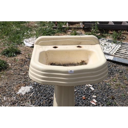 208 - Art Deco cream enamel iron pedestal sink, approx 86cm H x 61cm W x 50cm D