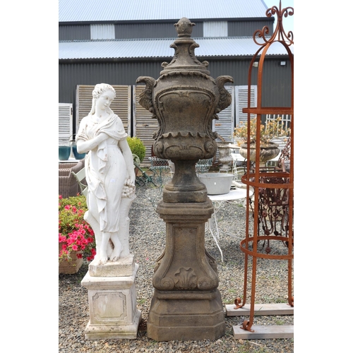 233 - Two large cast composite faux sandstone urns on pedestal, approx 228cm H each (2)